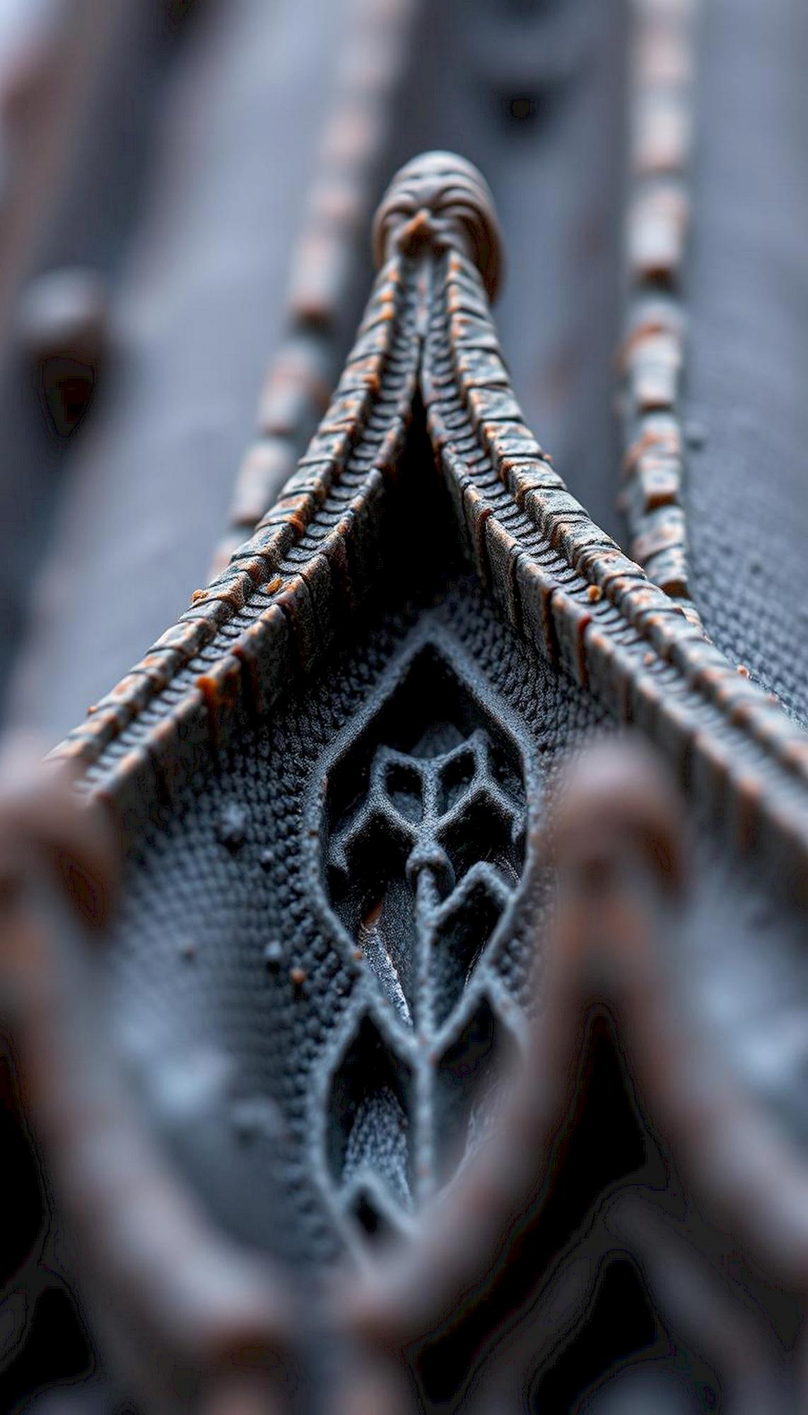 Close-up of embroidered futuristic pattern on white fabric