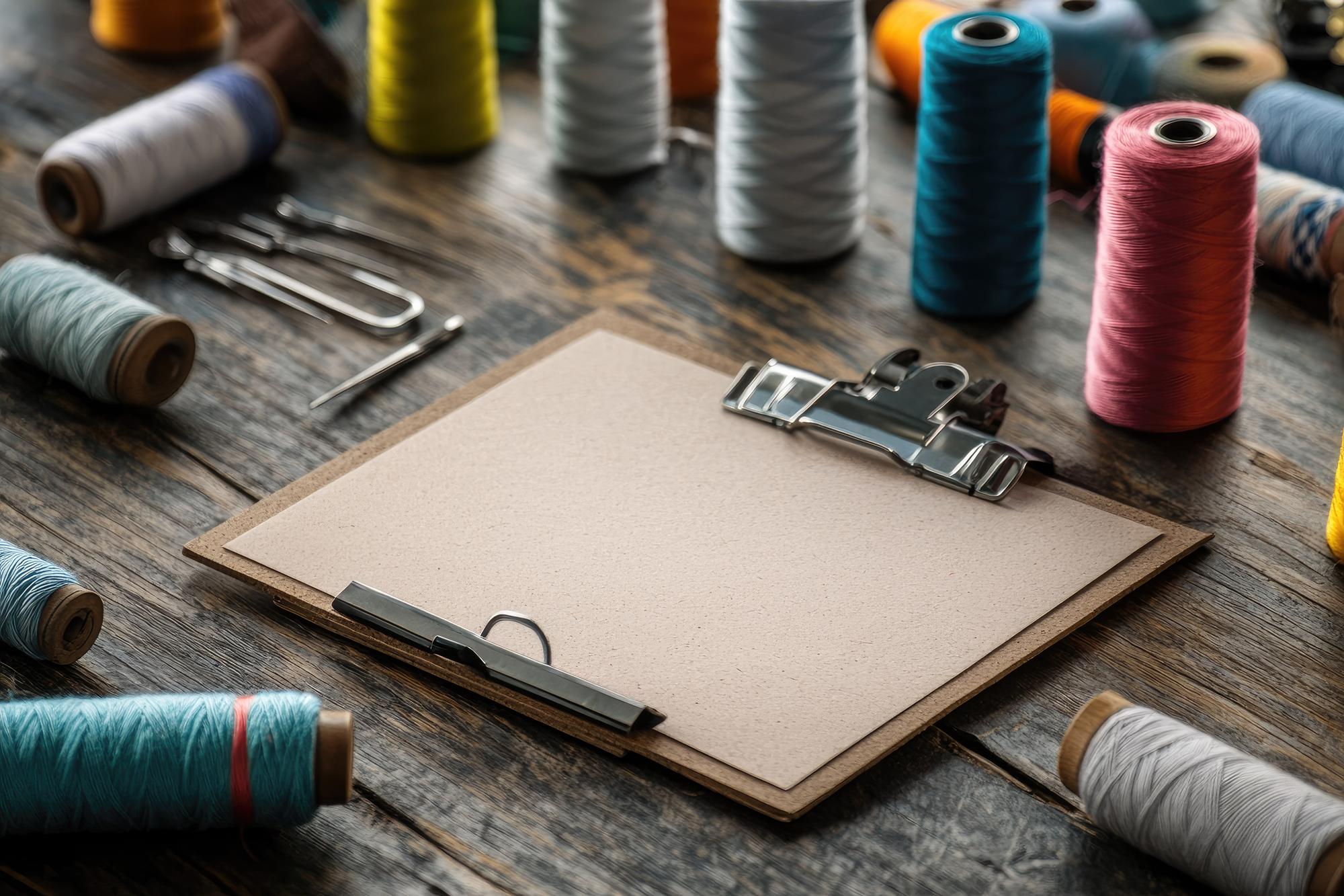 Sample pricing materials and threads on table